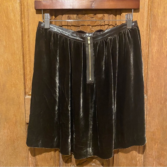 SANDRO velvet skirt dark green brown leather bow zipper size 1 pockets - Picture 4 of 9